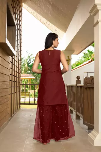 Nikhaar maroon resham embroidery cotton straight cut shahara kurta & set