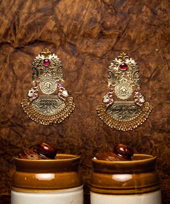 Lakshmi glamorous statement earrings with a temple finish and semi precious beads 3