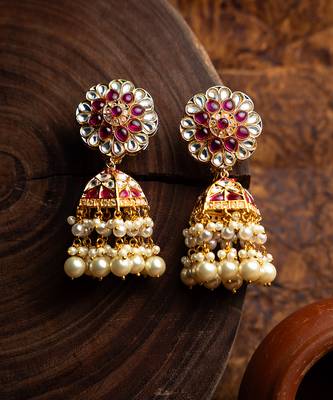 Gulab jhumkaas with a polki finish  with a touch of semi precious stones and pearl drops 1