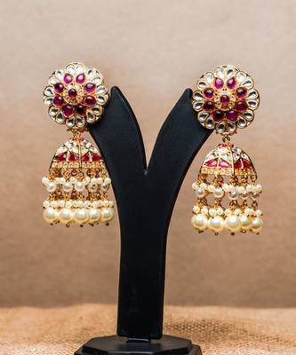 Gulab jhumkaas with a polki finish  with a touch of semi precious stones and pearl drops 2