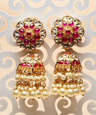 Gulab jhumkaas with a polki finish  with a touch of semi precious stones and pearl drops 3