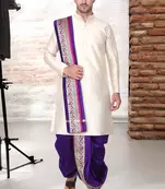 Cobra lifes cream & yellow cotton silk dhoti kurta set for men with stole, 3 piece set