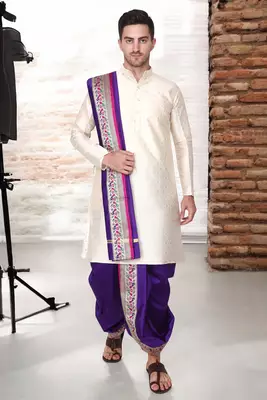 Cobra lifes cream & yellow cotton silk dhoti kurta set for men with stole, 3 piece set 2