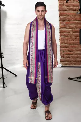 Cobra lifes cream & yellow cotton silk dhoti kurta set for men with stole, 3 piece set 3