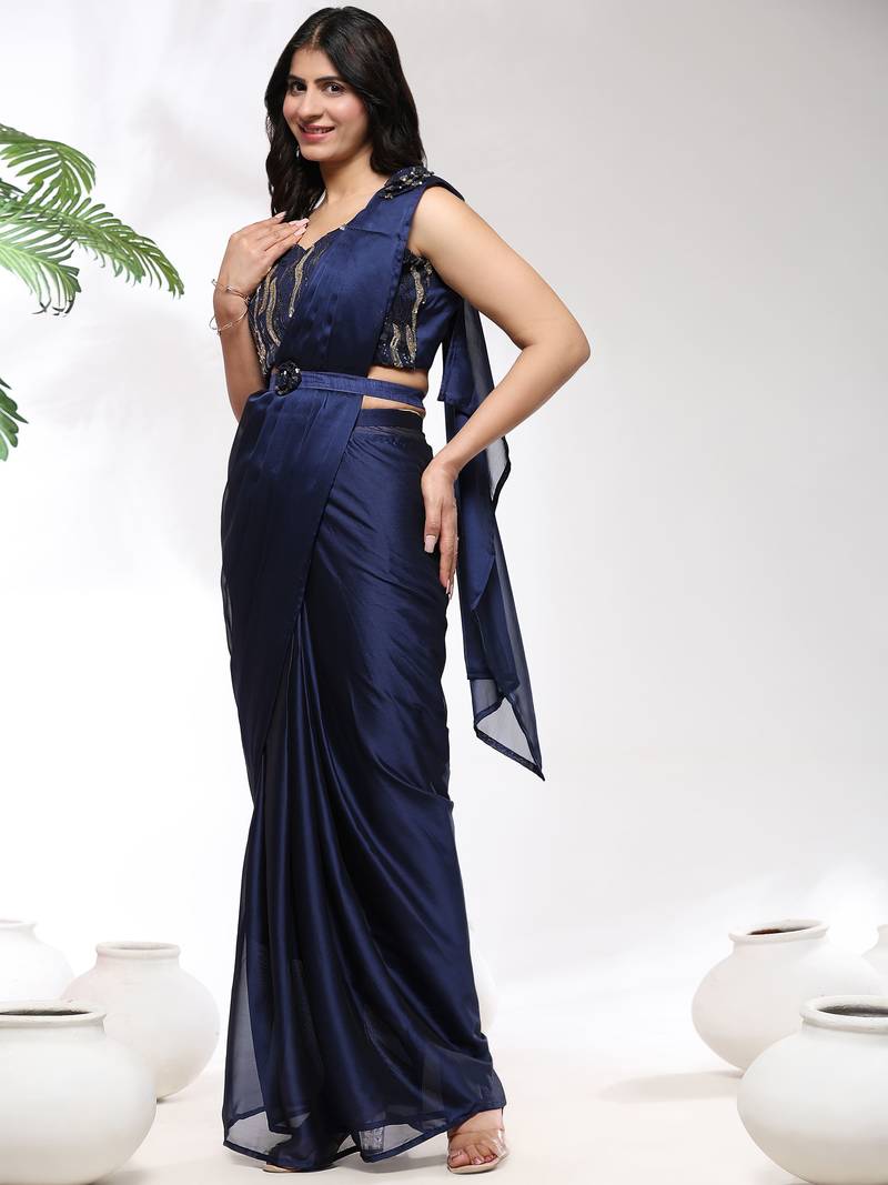 Sareez4u Wine Sequin Work Satin Silk Saree Fabric Ready To Wear Saree With Stitched Blouse Free Size