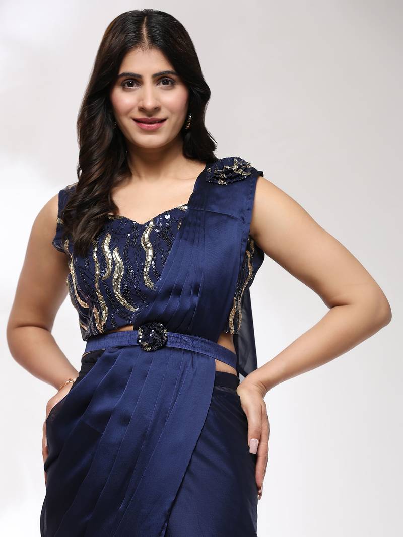 Sareez4u Wine Sequin Work Satin Silk Saree Fabric Ready To Wear Saree With Stitched Blouse Free Size