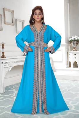 Cyan color full sleeves Handmade Moroccan Kaftan with Sun-proof hiijab 1