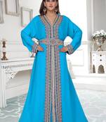 Cyan color luxurious full sleeves Handmade Moroccan Kaftan with Sun-proof hiijab.