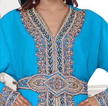 Cyan color full sleeves Handmade Moroccan Kaftan with Sun-proof hiijab 2