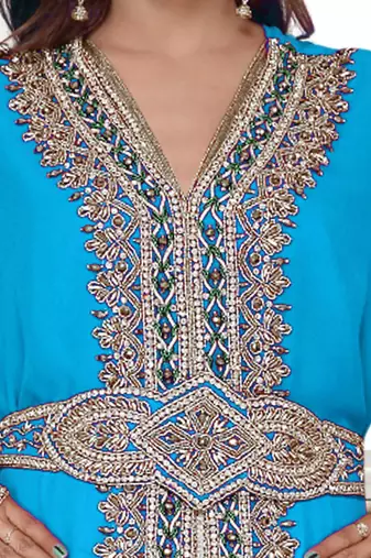 Cyan color full sleeves Handmade Moroccan Kaftan with Sun-proof hiijab