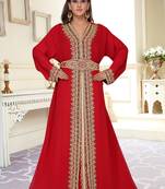 Maroon or luxurious full sleeves Handmade Moroccan Kaftan with Sun-proof hiijab.