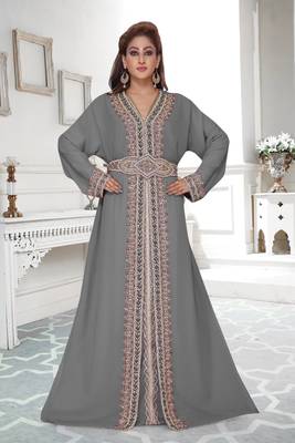 Grey color full sleeves Handmade Moroccan Kaftan with Sun-proof hiijab 1
