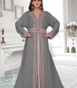 Grey color luxurious full sleeves Handmade Moroccan Kaftan with Sun-proof hiijab.