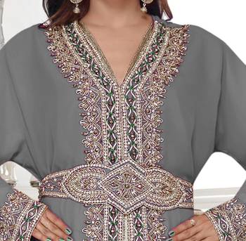 Grey color full sleeves Handmade Moroccan Kaftan with Sun-proof hiijab 2