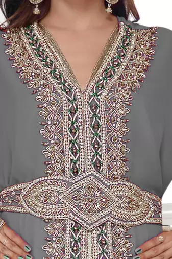 Grey color full sleeves Handmade Moroccan Kaftan with Sun-proof hiijab