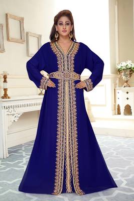 Navy-blue color full sleeves Handmade Moroccan Kaftan with Sun-proof hiijab 1