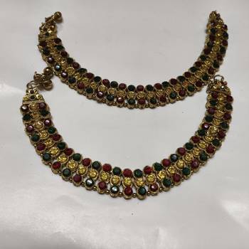 Gold Plated Handcrafted Multi colour Anklets with Kundan 3
