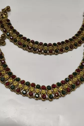Gold Plated Handcrafted Multi colour Anklets with Pearl & Kundan