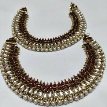 Gold Plated Handcrafted Maroon colour Anklets with Pearl & Kundan 2