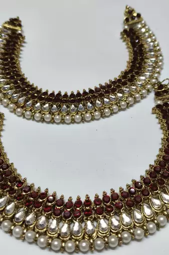 Gold Plated Handcrafted Maroon colour Anklets with Pearl & Kundan