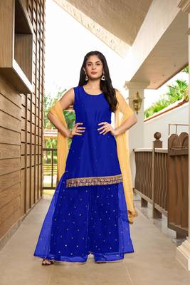 Nikhaar hand embroidery cotton silk stitched straight cut sharara kurta & dupatta  1