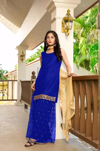 Nikhaar hand embroidery cotton silk stitched straight cut sharara kurta & dupatta 