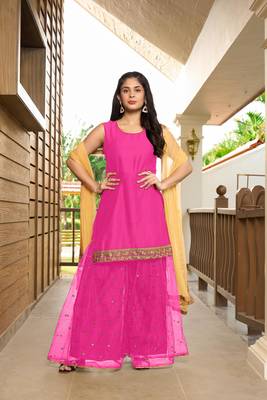 Nikhaar hand embroidery cotton silk stitched straight cut sharara kurta & dupatta  1