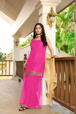Nikhaar hand embroidery cotton silk stitched straight cut sharara kurta & dupatta  3