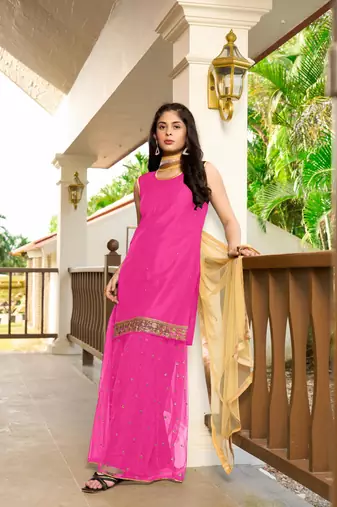 Nikhaar hand embroidery cotton silk stitched straight cut sharara kurta & dupatta 