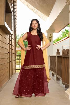 Nikhaar hand embroidery cotton silk stitched straight cut sharara kurta & dupatta  1
