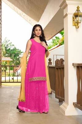 Nikhaar hand embroidery cotton silk stitched straight cut sharara kurta & dupatta  4