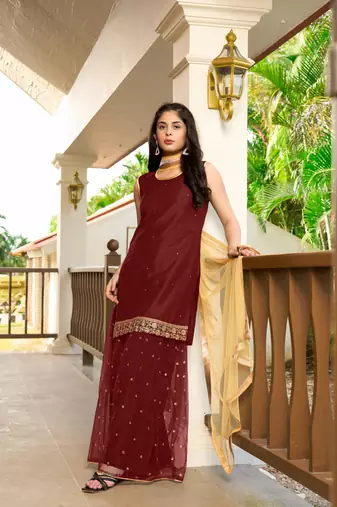 Nikhaar hand embroidery cotton silk stitched straight cut sharara kurta & dupatta 