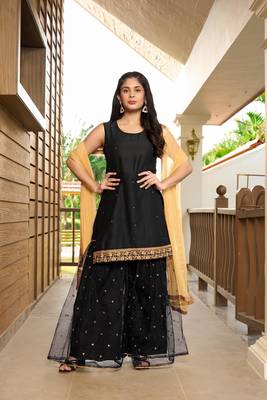Nikhaar hand embroidery cotton silk stitched straight cut sharara kurta & dupatta  1