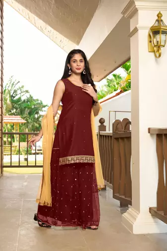 Nikhaar hand embroidery cotton silk stitched straight cut sharara kurta & dupatta 