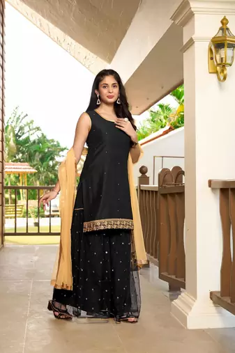 Nikhaar hand embroidery cotton silk stitched straight cut sharara kurta & dupatta 