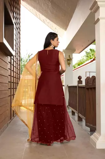 Nikhaar hand embroidery cotton silk stitched straight cut sharara kurta & dupatta 