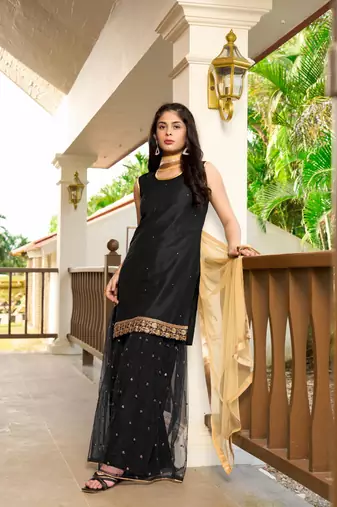 Nikhaar hand embroidery cotton silk stitched straight cut sharara kurta & dupatta 