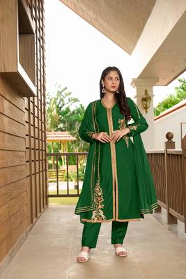 Nikhaar hand embroidery art silk stitched a line trouser kurta & dupatta  1