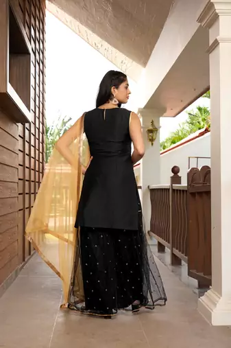 Nikhaar hand embroidery cotton silk stitched straight cut sharara kurta & dupatta 