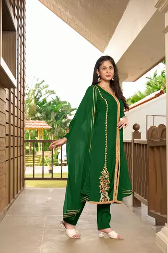 Nikhaar hand embroidery art silk stitched a line trouser kurta & dupatta 