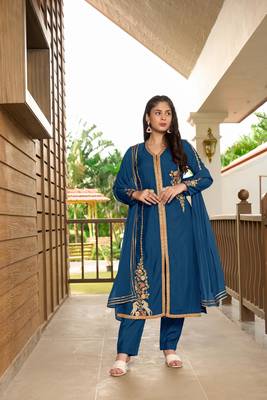 Nikhaar hand embroidery art silk stitched a line trouser kurta & dupatta  1