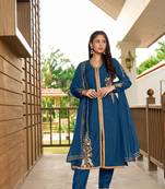 Nikhaar hand embroidery art silk stitched a line trouser kurta & dupatta 