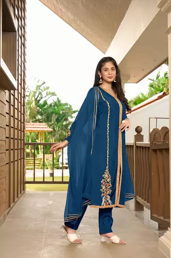 Nikhaar hand embroidery art silk stitched a line trouser kurta & dupatta 