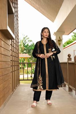 Nikhaar hand embroidery art silk stitched a line trouser kurta & dupatta  1