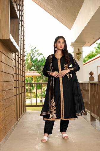 Nikhaar hand embroidery art silk stitched a line trouser kurta & dupatta 