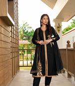 Nikhaar hand embroidery art silk stitched a line trouser kurta & dupatta 