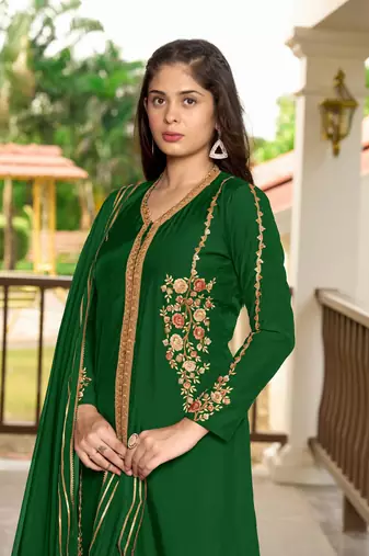 Nikhaar hand embroidery art silk stitched a line trouser kurta & dupatta 