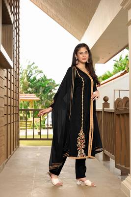 Nikhaar hand embroidery art silk stitched a line trouser kurta & dupatta  3