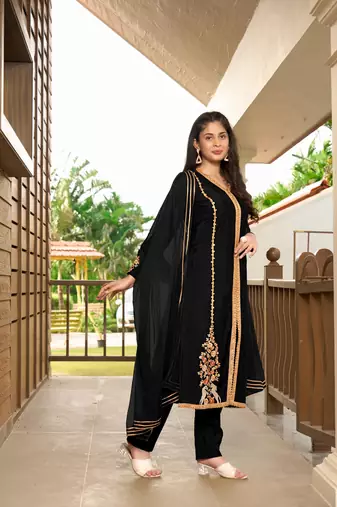 Nikhaar hand embroidery art silk stitched a line trouser kurta & dupatta 