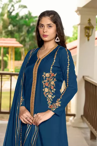 Nikhaar hand embroidery art silk stitched a line trouser kurta & dupatta 